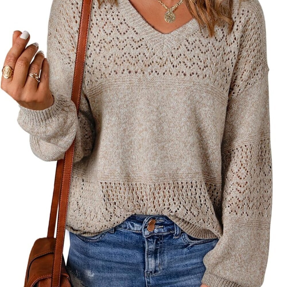 Women's Casual Long Sleeve V Neck Crochet Pullover Sweater in Brown (Large)